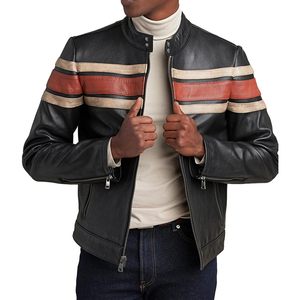 Veste en cuir classique vintage pour homme, style Cafe Racer, manches longues, couleurs contrastées, coupe-vent, vêtements de moto - Product Image 2