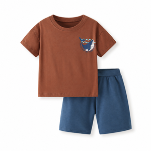 Conjunto <span class=keywords><strong>de</strong></span> Verano Personalizado al por Mayor para Niños, 95% Algodón, Camiseta con Gráfico <span class=keywords><strong>de</strong></span> Ballena y Pantalones Cortos, Ropa <span class=keywords><strong>de</strong></span> Boutique para Niños y Niñas, OEM - Product Image 3
