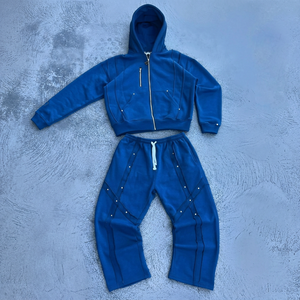 Sudadera con capucha y cremallera de algodón grueso azul de 500 g/m² para hombre, conjunto de sudadera corta y pantalón jogger, estilo urbano. - Product Image 1