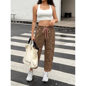 Pantalones Cargo Holgados para Mujer, con Cordón Ajustable, Cintura Elástica, Bolsillos, Color Marrón, Casuales, Transpirables, Cintura Alta - Product Image 5