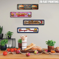Letrero metálico largo con temática de hamburguesas, decoración retro para pared de cocina de comida rápida, placa de hojalata con efecto envejecido con la frase Enjoy Our Burgers para restaurante