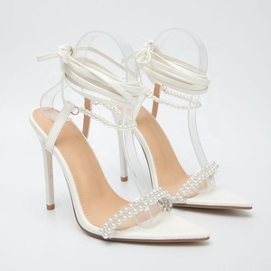 Elegant Pearls Women Ankle Lace up High Heels Thin Heel Stiletto <b>Shoes</b> Pointy Toe Lady Sexy Summer Sandals Black White Color - Product Image 6