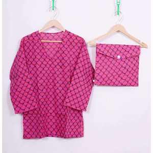 Conjunto de Pijama de Lujo para Mujer, Diseño de Cuello en V, 100% Algodón Satinado, 2 Piezas, Estampado a Mano, Cintura Elástica, Tela Transpirable, Otoño - Product Image 1