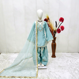 Conjunto de Salwar Kameez de Seda Azul Claro para Mujer con Dupatta Bordada, Traje Étnico para Bodas - Product Image 1
