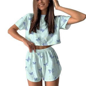 Commerce extérieur transfrontalier, pyjama deux pièces pour femmes européennes et américaines, manches courtes, shorts, imprimé jacquard, mode été - Product Image 5