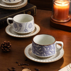 Tasse à café/latte/fleur/avoine en céramique de style japonais rétro avec poignée, résistante aux hautes températures, passe au micro-ondes, avec soucoupe - Product Image 4
