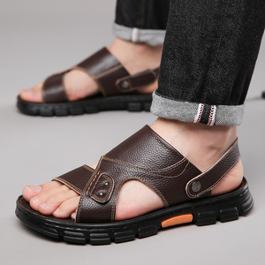 รองเท้าแตะหนังนิ่มผู้ชาย พื้นหนา กันลื่น รองเท้าชายหาด สีน้ำตาล หนังวัว สวมใส่สบาย สไตล์วัยรุ่น - Product Image 3