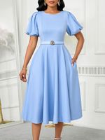 Robes décontractées tendance pour femmes, élégantes, couleur unie, manches courtes, plissées, robes de bureau pour femmes avec ceinture