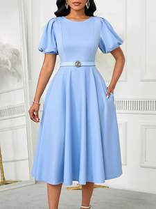 <span class=keywords><strong>ชุด</strong></span>เดรสลำลองทันสมัยสำหรับผู้หญิง สไตล์เรี<span class=keywords><strong>ย</strong></span>บหรู สีพื้น แขนสั้น จับจีบ พร้อมเข็มขัด เหมาะสำหรับใส่ทำงาน - Product Image 6