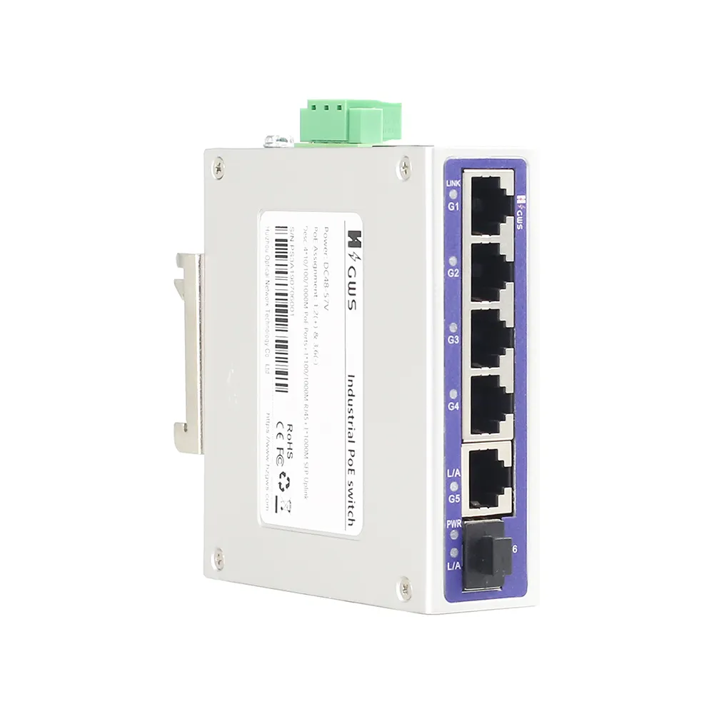 Comutador industrial poe não gerenciado com 4+1 portas Ethernet FULL Gigabit