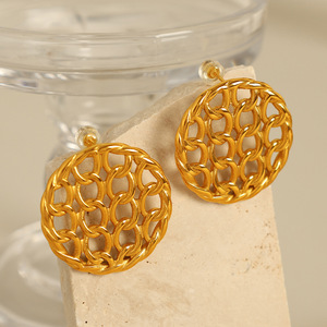 French Style Round Mesh <b>Stud</b> Earrings Gold Plated <b>Titanium</b> Steel Fashion Jewelry EH765 - Product Image 2