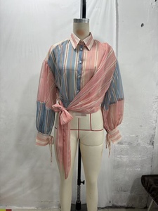 Mode lente herfst vrouw patchwork kleurblok gestreept lang lantaarnmouw gerimpeld kanten shirt <span class=keywords><strong>blouse</strong></span> casual tops dames blouses - Product Image 2