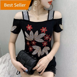 Magliette Casual da <span class=keywords><strong>donna</strong></span> estive in maglia Slim Sexy <span class=keywords><strong>con</strong></span> strass floreale e <span class=keywords><strong>paillettes</strong></span> lucide top da discoteca - Product Image 1