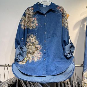 Completo in Denim di Lusso 2026 <span class=keywords><strong>con</strong></span> Camicia a Fiori e Pantaloni a <span class=keywords><strong>Gamba</strong></span> Larga per Donna - Product Image 2
