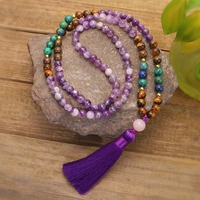 Collier de perles Mala 108 faites à la main en améthyste naturelle avec pendentif en alliage, ensemble collier et bracelet Chakra pour la prière, la méditation et le yoga
