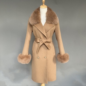 เสื้อโค้ทแคชเมียร์แฟชั่นฤดูหนาวสำหรับผู้หญิง แต่งปกขนสุนัขจิ้งจอกแท้ เสื้อโค้ทขนสัตว์ผสมขนแคชเมียร์ พร้อมเข็มขัดสำหรับผู้หญิง - Product Image 3
