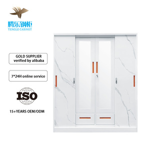 Armoire en acier moderne à 4 portes avec éclairage LED, grande armoire en acier avec 2 tiroirs et <span class=keywords><strong>porte</strong></span> en verre pour chambre à coucher - Product Image 2