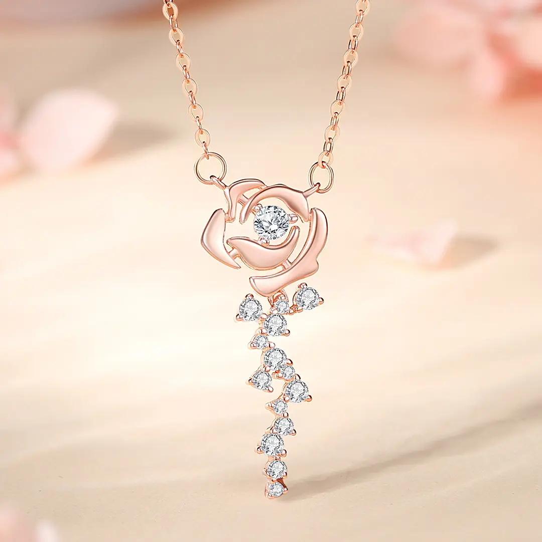 Usine En Gros S925 Argent Diamant Pétale Rose Collier pour Femmes