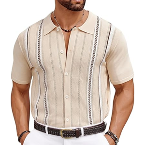 Chemise décontractée à manches courtes pour homme, col rabattu, boutonnage simple, tricot rayé, haut d'été - Product Image 1