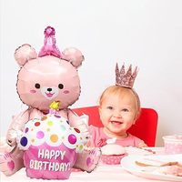 Ballon Mylar Joyeux Anniversaire Ours en Peluche Rose avec Chapeau de Fête Cupcake et Ballon en Aluminium pour Décoration de Fête d'Anniversaire, Baby Shower et Fête d'Enfants