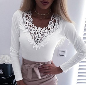 Sexy Korte Mouwen Kanten V-Hals Effen Kleur Stiksel T-Shirt Dames Doek Losse Blouse - Product Image 6
