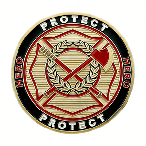 Pièce commémorative personnalisée de défi de héros pompier - plaquée or - gravée 'PROTECT' pour la reconnaissance d'honneur et la moral d'équipe - Product Image 1