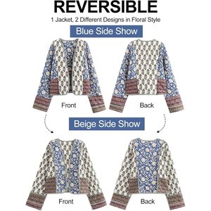 เสื้อแจ็คเก็ตผู้หญิงแบบครอป ผ้าควิลท์ พิมพ์ลายดอกไม้ เปิดด้านหน้า น้ำหนักเบา เสื้อโค้ทฤดูใบไม้ร่วง แขนยาว ผ้าทอ บุด้วยใยโพลีเอสเตอร์ - Product Image 4