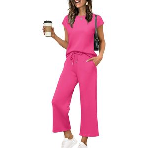 Ensemble deux pièces d'été pour femme FOXA : haut à manches courtes et pantalon large court, tenue décontractée pour la plage et les vacances, respirant et tricoté - Product Image 1