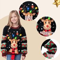 Pull de Noël en tricot pour enfant avec rennes et lumières LED intégrées, col rond, unisexe, 100 % coton