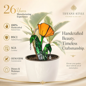 Décoration <span class=keywords><strong>de</strong></span> jardin personnalisée faite à la main - Style verre teinté Pavot <span class=keywords><strong>de</strong></span> <span class=keywords><strong>Californie</strong></span> - <span class=keywords><strong>Pot</strong></span> <span class=keywords><strong>de</strong></span> fleurs orange - Perles <span class=keywords><strong>de</strong></span> cristal - Product Image 1