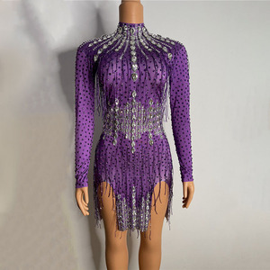 S0452Y 2026 Meilleures ventes Robe longue de soirée ajustée à strass, style performance, avec franges violettes couleur patate douce, pour la danse latine - Product Image 5