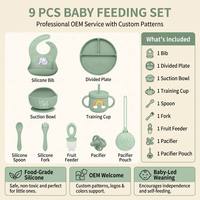 Ensemble repas bébé en silicone et acier inoxydable, sans BPA, antidérapant, avec logo personnalisé, design mignon, cuillère, assiette, bavoir, bol, pour la diversification alimentaire