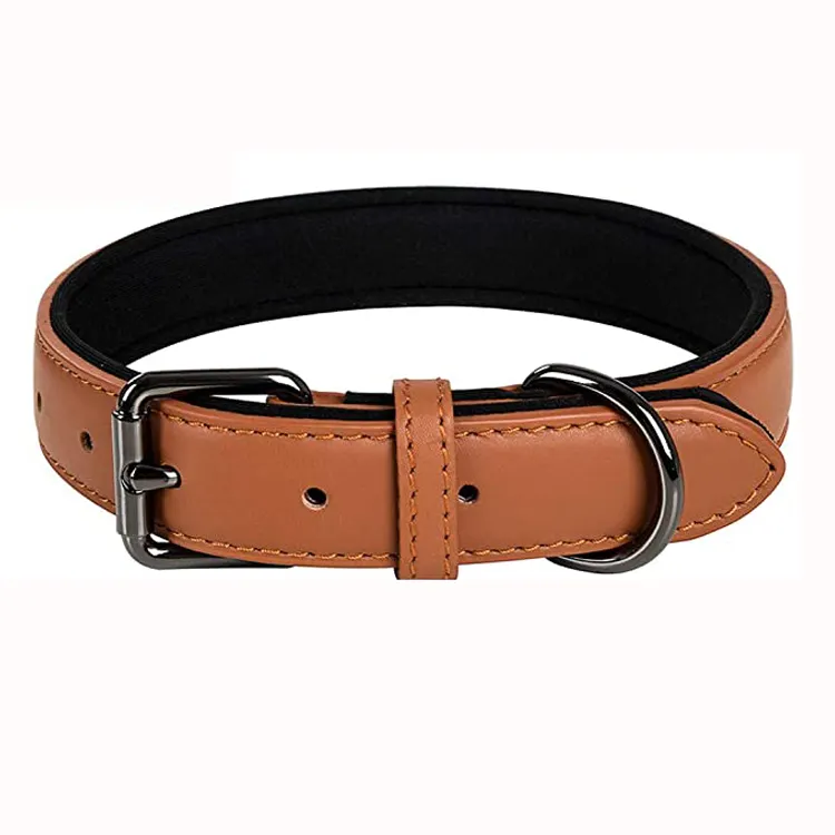 Hot Selling Adjustable Soft Padded Genuine Leather With Zinc Alloy D Ring Dog Collar For Medium Large Extra Large Dog