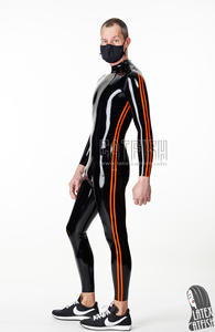 Traje de látex con cremallera en el pecho y doble franja para hombre, ribete negro y naranja, 0,4 mm de grosor - Product Image 4