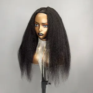 Wig Bagian V rambut manusia keriting lurus 150 kepadatan warna alami mesin wig dibuat lurus Yaki UNTUK WANITA HITAM