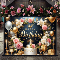 Bannière de fond Joyeux Anniversaire pour Fêtes, Ballons Platine, Fleurs, Gâteau avec Impression Numérique, Fournitures de Décoration, Vente Chaude en Usine