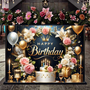 لافتة خلفية للحفلات الأكثر مبيعًا من المصنع بتصميم بالونات بلاتينية وزهور وكيك مطبوعة رقميًا، لوازم ديكور أعياد ميلاد سعيد - Product Image 4