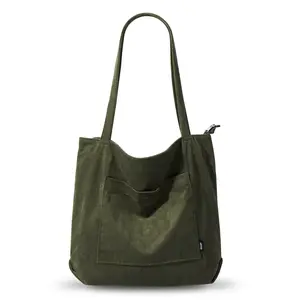 Environmental Women Corduroy Tote Shopping Bag Shoulder Bag With Pockets For Shopping