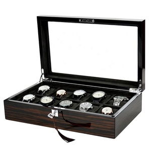 Boîte de rangement de luxe en bois pour montres avec serrure à clé, vitrine à montres avec couvercle en verre, finition ébène, boîte de rangement pour montres pour hommes et femmes - Product Image 1