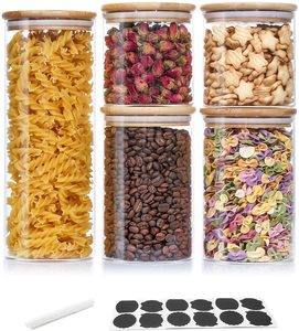 Venta CALIENTE Frascos de vidrio Frasco hermético con tapa de bambú Juego de 5 frascos de almacenamiento <span class=keywords><strong>para</strong></span> especias, espaguetis, café, cereales, té, etc. - Product Image 1