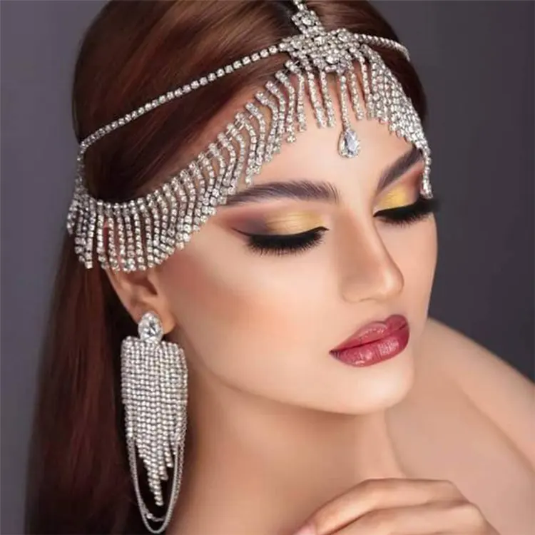 Forehead Rhinestone Head Chain Headpiece for Women Boho Crystal Wedding Drop Hair Chain Jewelry Bride