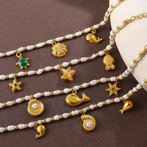 Bracelet en perles d'eau douce sur le thème de l'océan, plaqué or 18 carats, bijoux à breloques animales pour femmes, cadeau - Product Image 1