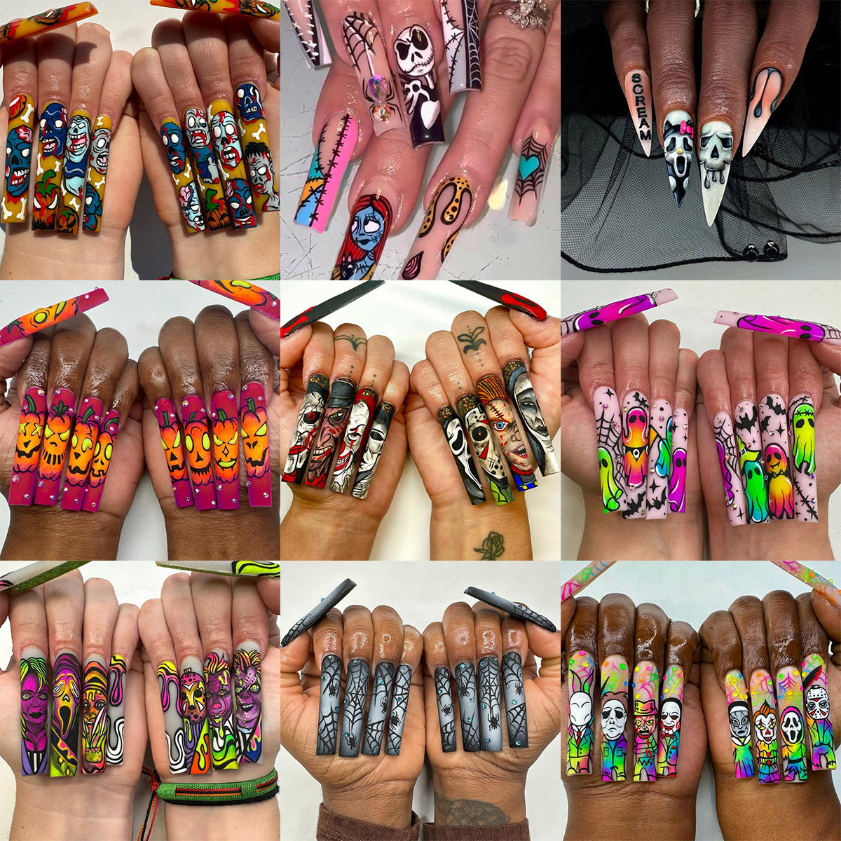 24pcs Halloween French Style False Nails Set ABS Material Long Coffin-Shaped Pressing Fake Nails