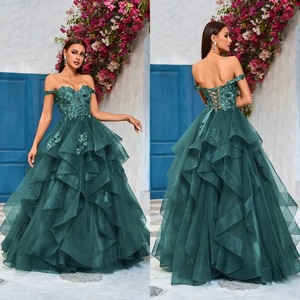 Off The Shoulder Green Tulle Evening Gown Empire Waist Backless Long Dress For Prom Party Birthday - Product Image 1