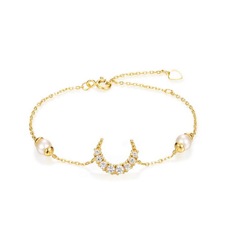 Cz encanto de diamante joyería de las señora cadena ajustable pulsera de perlas de agua dulce de media luna Luna encanto pulsera