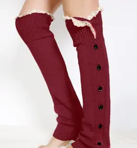 Calentadores de piernas de encaje con botones para mujer, botas de invierno a la moda hasta la rodilla, calcetín de punto con cable y botón, gran oferta