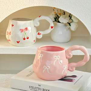 网红小生新款家用陶瓷咖啡杯Ins风格手绘蝴蝶蝴蝶结樱桃图案返校 - Product Image 3