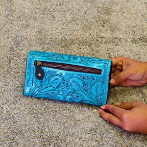Leather Women's Designer Luxury Hand Tooling Carving <b>Wristlet</b> Clutch RFID Protection Anti-Theft Multi-Function Long Button - Product Image 2