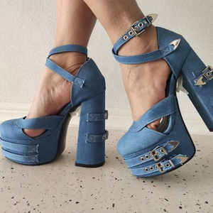 รองเท้าส้นตึกแบบรัดข้อเท้าหัวเหลี่ยม  วัสดุผ้าเดนิมสีน้ำเงิน  ระบายอากาศได้ดี เหมาะสำหรับฤดูใบไม้ผลิและฤดูร้อน  ตกแต่งด้วยหัวเข็มขัดโลหะ  สายรัดไขว้  สไตล์แฟชั่นกลางแจ้งสำหรับผู้หญิง - Product Image 2