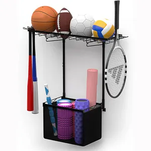 JH-Mech Home Gym Storage for Ball Foam Roller Toys Heavy Duty Steel Frame Wall Mounted Yoga Mat Holder